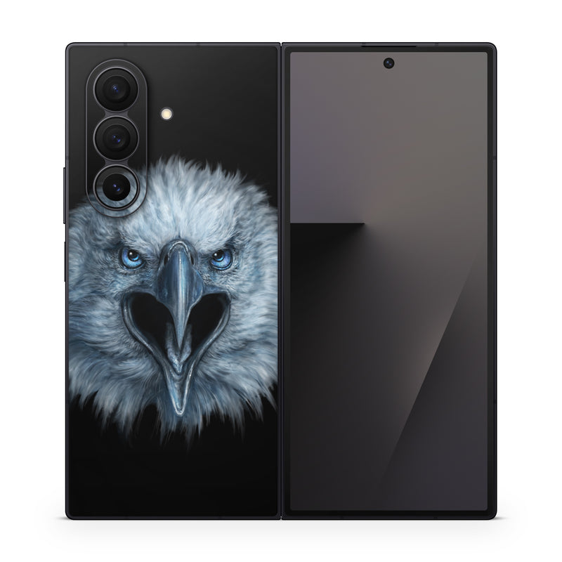 Samsung Galaxy Z Fold7 Skin design of Bird, Vertebrate, Bird of prey, Beak, Eagle, Wildlife, Organ, Close-up, Eye, Accipitriformes, with white, gray, black, blue colors
