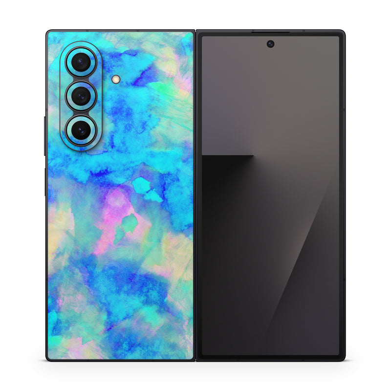 Samsung Galaxy Z Fold7 Skin design of Blue, Turquoise, Aqua, Pattern, Dye, Design, Sky, Electric blue, Art, Watercolor paint, with blue, purple colors
