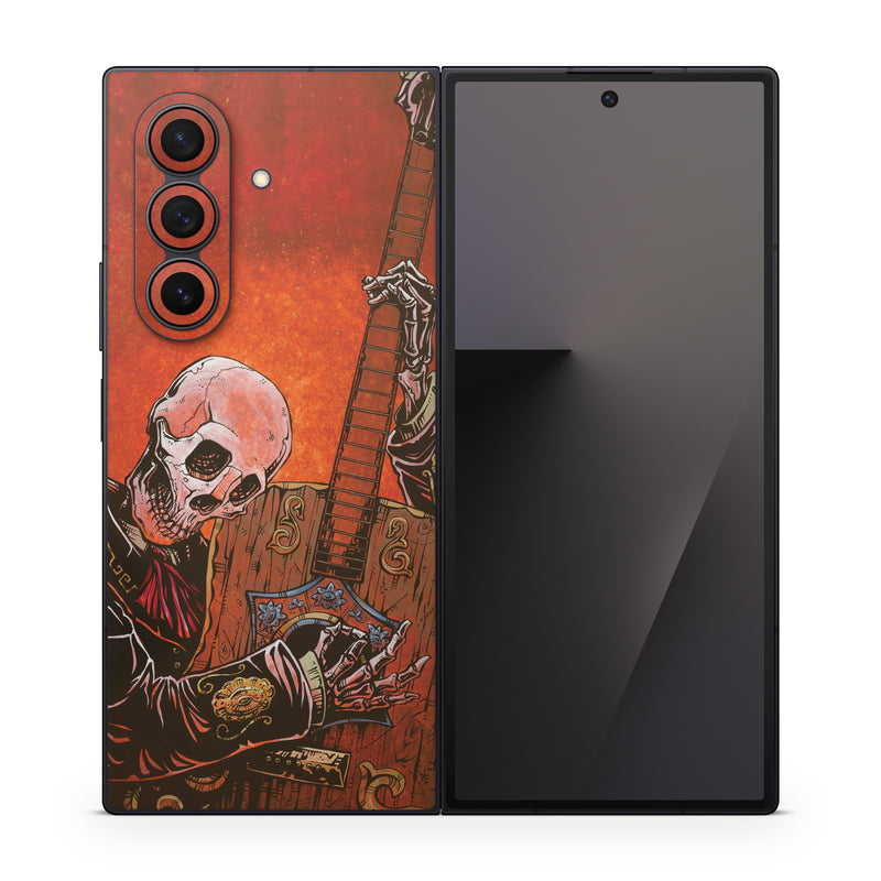 Samsung Galaxy Z Fold7 Skin design of Sleeve, Art, Painting, Personal protective equipment, Artist, Music, Font, Visual arts, Drawing, Skull, with white, black, gray, brown, orange, yellow, red colors