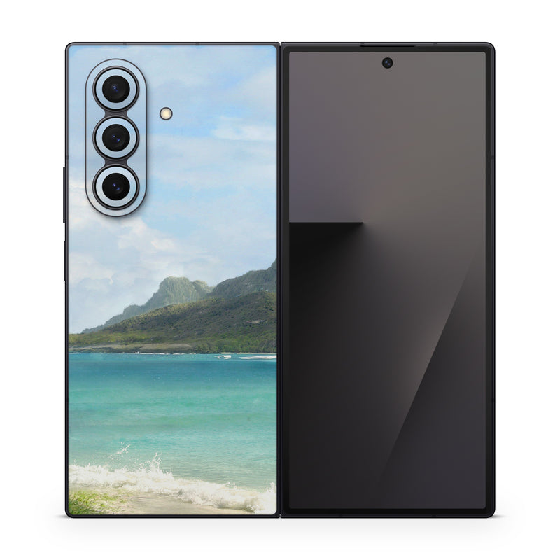 Samsung Galaxy Z Fold7 Skin design of Body of water, Tropics, Nature, Natural landscape, Shore, Coast, Caribbean, Sea, Tree, Beach, with gray, black, blue, green colors
