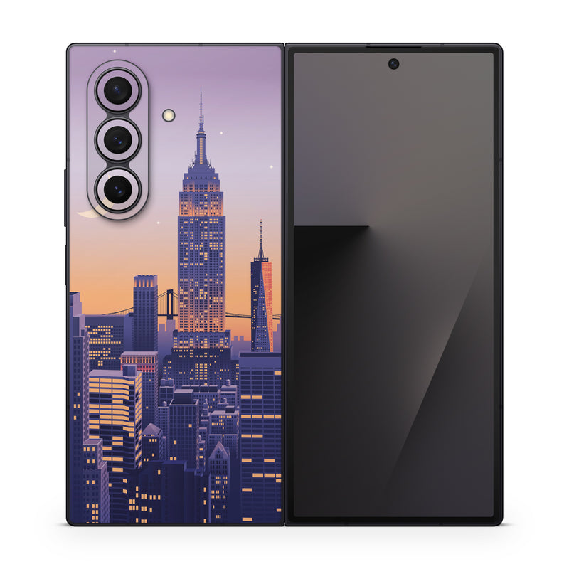 Samsung Galaxy Z Fold7 Skin design of Skyscraper, Building, Sky, Atmosphere, Moon, World, Nature, Tower, Afterglow, Dusk, with blue, purple, yellow, orange colors