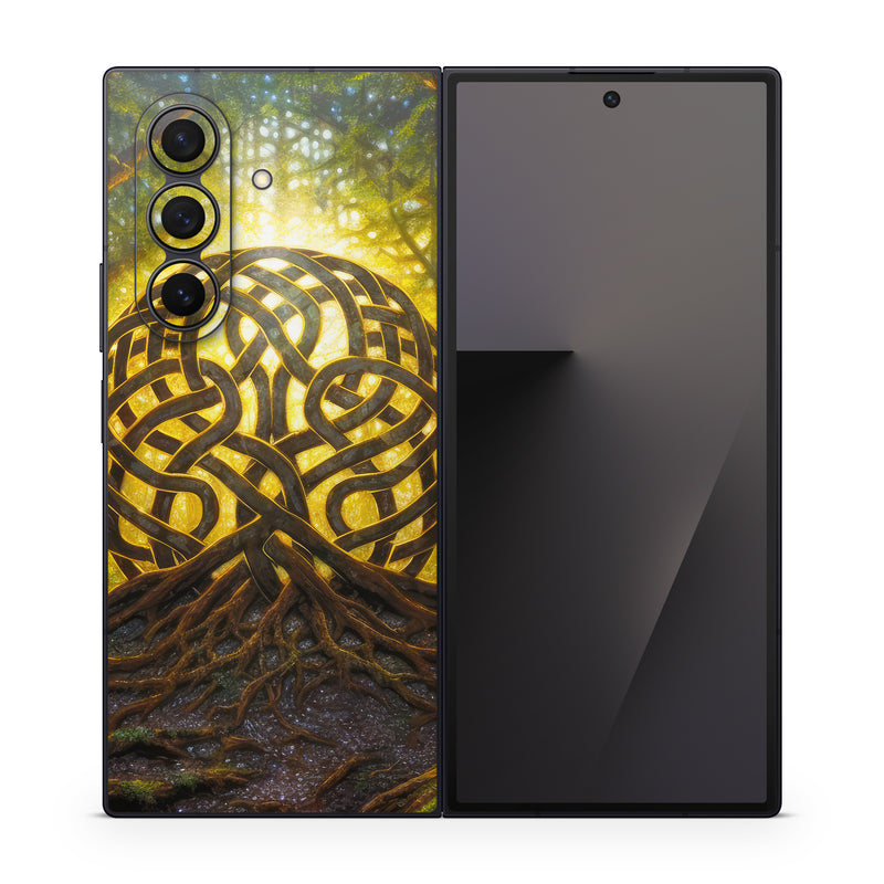 Samsung Galaxy Z Fold7 Skin design of Art, Pattern, Circle, Symmetry, Tints and shades, Visual arts, Design, Electric blue, Graphics, Font, with green, brown, black, gray, yellow, orange, white colors