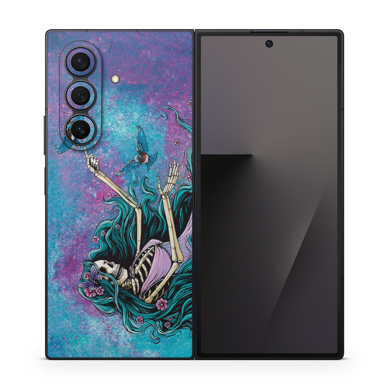 Samsung Galaxy Z Fold7 Skin design of Green, Purple, Painting, Paint, Art, Cg artwork, Mythical creature, Musical instrument, Graffiti, Artist, with blue, purple, white, gray, brown colors