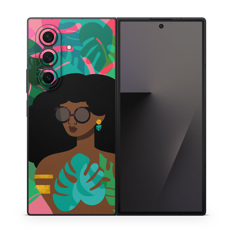 Samsung Galaxy Z Fold7 Skin design of Illustration, Afro, Art, Eyewear, Glasses, Graphic design, Visual arts, Graphics, Fictional character, with brown, black, green, pink, blue, yellow colors