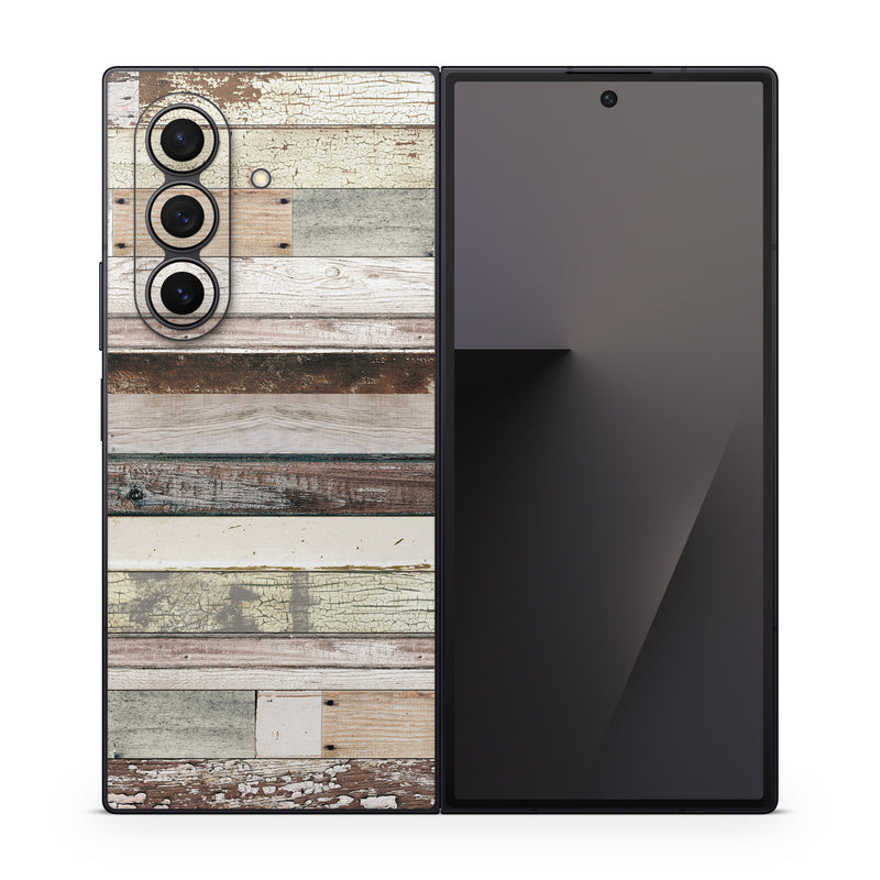 Samsung Galaxy Z Fold7 Skin design of Wood, Wall, Plank, Line, Lumber, Wood stain, Beige, Parallel, Hardwood, Pattern, with brown, white, gray, yellow colors