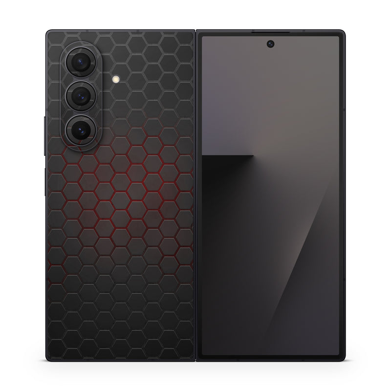 Samsung Galaxy Z Fold7 Skin design of Black, Pattern, Metal, Design, Mesh, Carbon, Space, Wallpaper, with black, red colors
