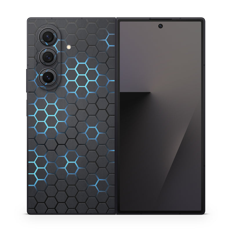 Samsung Galaxy Z Fold7 Skin design of Pattern, Water, Design, Circle, Metal, Mesh, Sphere, Symmetry, with black, gray, blue colors