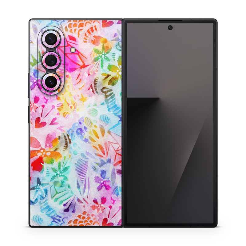 Samsung Galaxy Z Fold7 Skin design of Pattern, Design, Textile, Art, with gray, pink, purple, blue colors