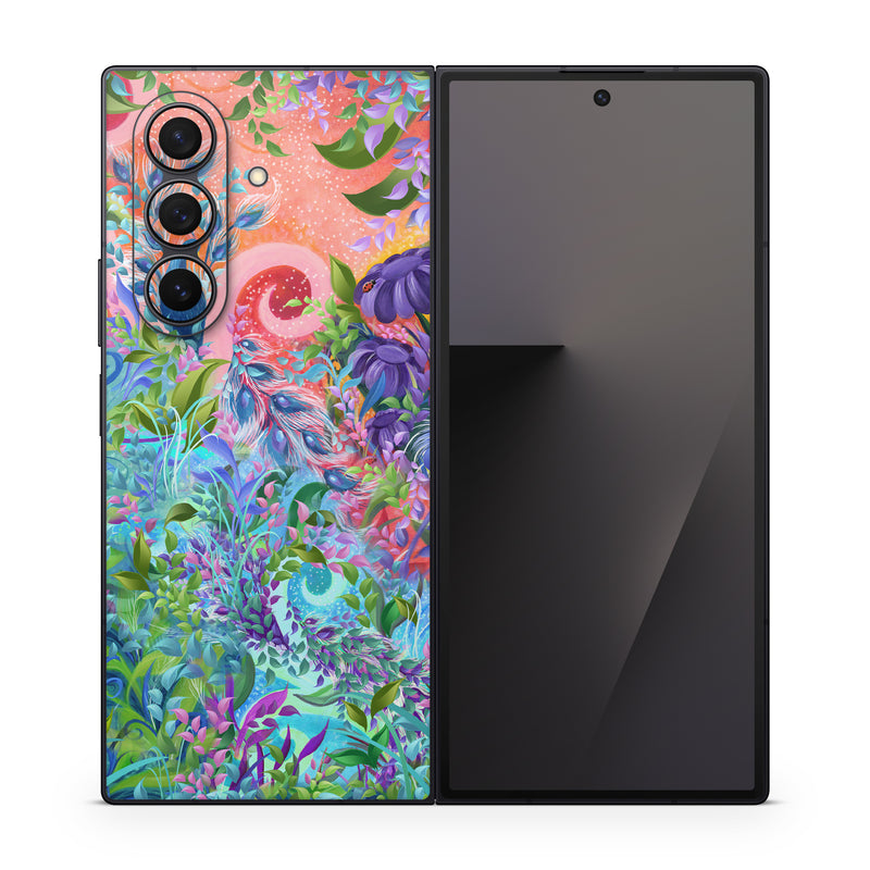 Samsung Galaxy Z Fold7 Skin design of Psychedelic art, Painting, Art, Acrylic paint, Pattern, Modern art, Visual arts, Textile, Design, Organism, with gray, blue, green, pink colors