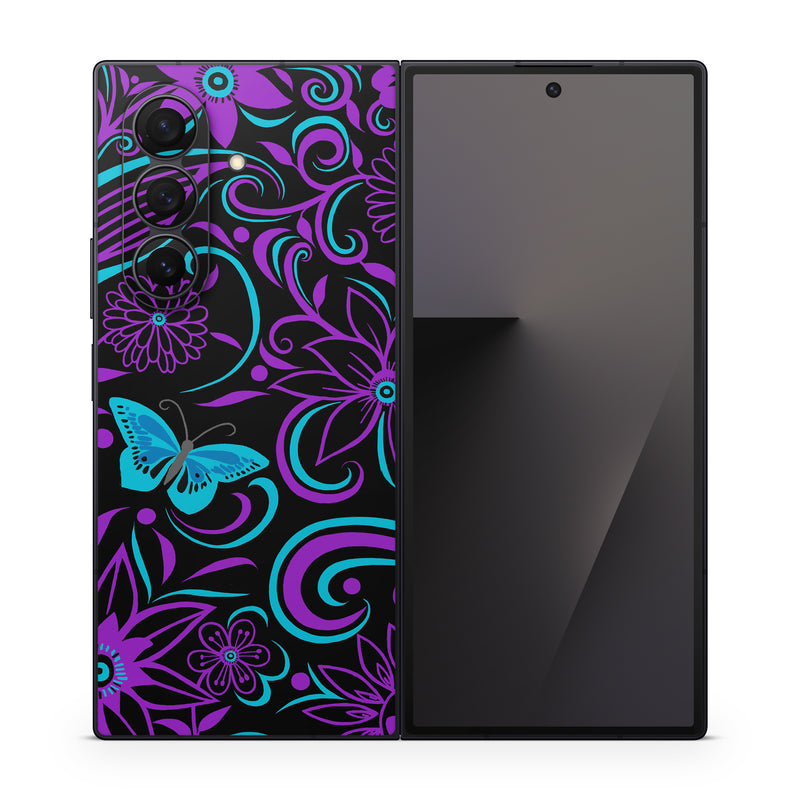 Samsung Galaxy Z Fold7 Skin design of Pattern, Purple, Violet, Turquoise, Teal, Design, Floral design, Visual arts, Magenta, Motif, with black, purple, blue colors