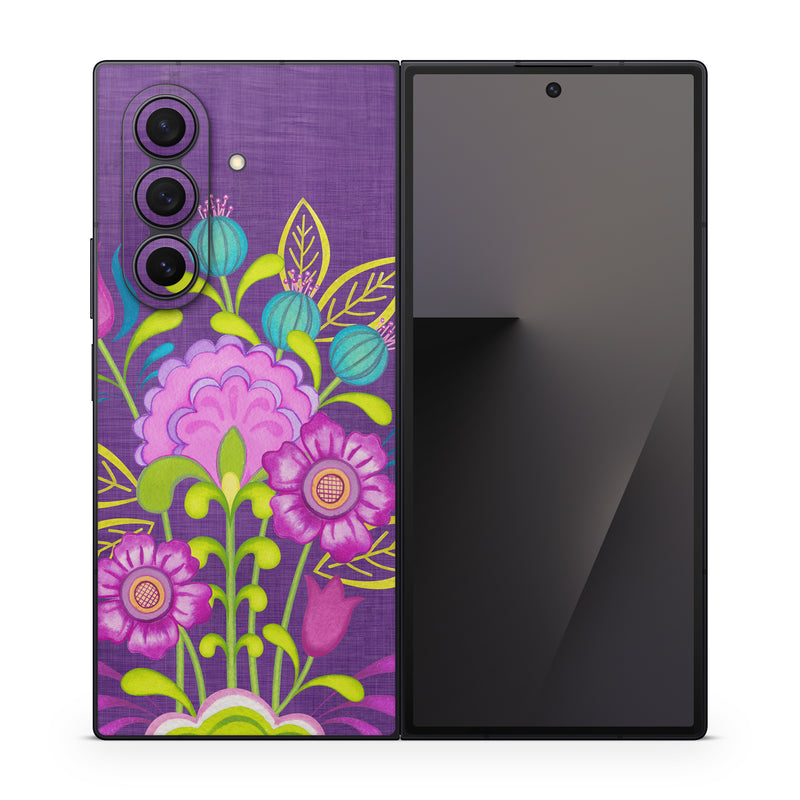 Samsung Galaxy Z Fold7 Skin design of Flower, Pattern, Plant, Violet, Botany, Visual arts, Design, Floral design, Art, Magenta, with blue, purple, green, gray, red colors