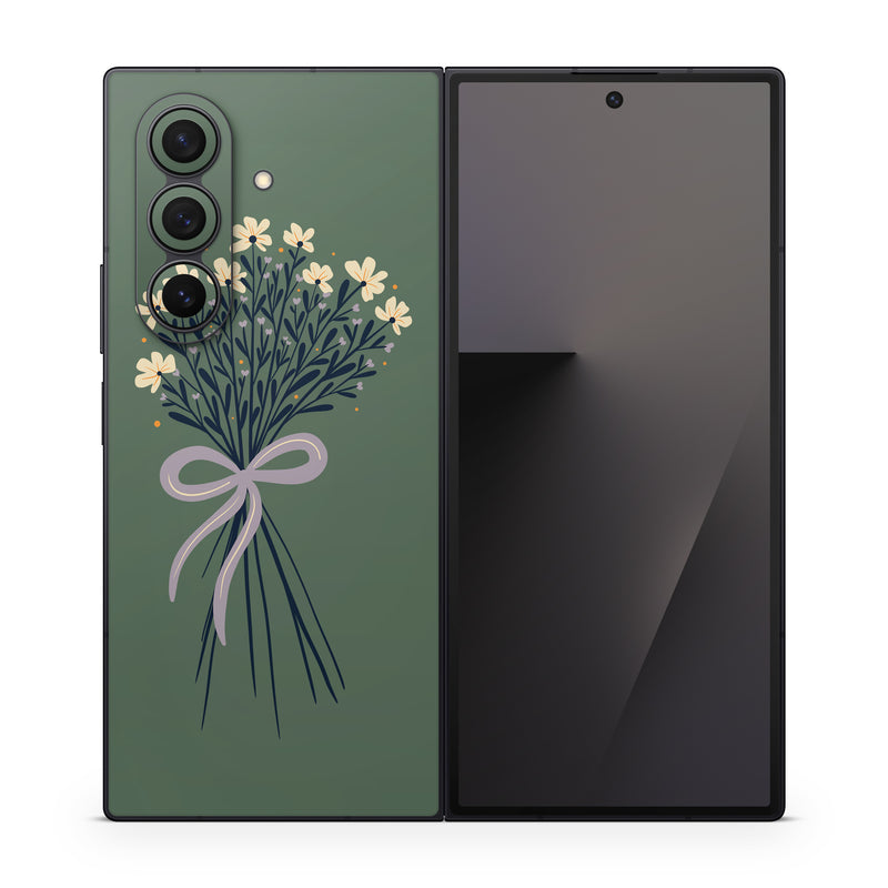 Samsung Galaxy Z Fold7 Skin design of Flower, Plant, Twig, Tree, Art, Pedicel, Flowering plant, Grass, Petal, Illustration, with green, yellow, white, purple colors