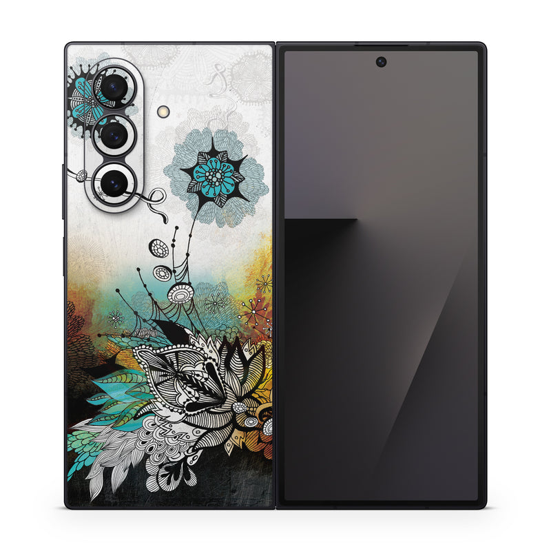 Samsung Galaxy Z Fold7 Skin design of Graphic design, Illustration, Art, Design, Visual arts, Floral design, Font, Graphics, Modern art, Painting, with black, gray, red, green, blue colors