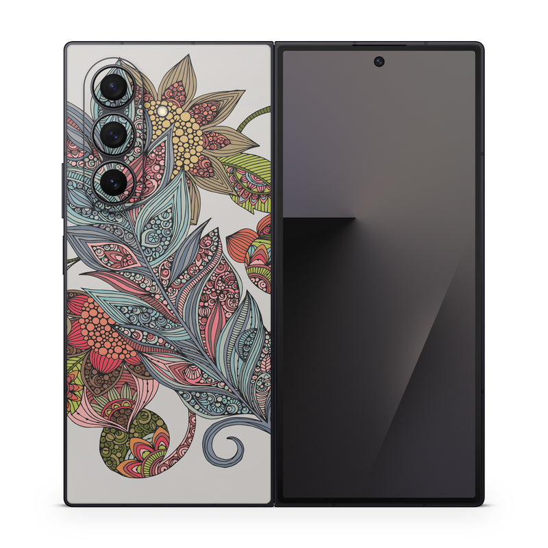 Samsung Galaxy Z Fold7 Skin design of Botany, Plant, Leaf, Pattern, Flower, Illustration, Design, Motif, Protea family, Flowering plant, with green, blue, pink, red, yellow, orange, gray, brown colors