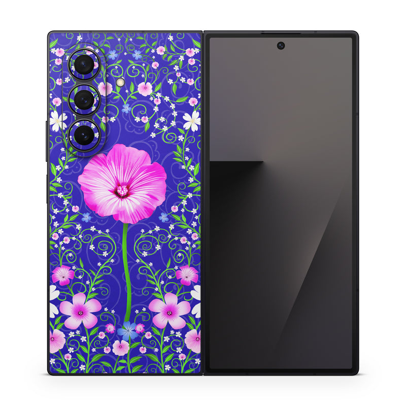 Samsung Galaxy Z Fold7 Skin design of Purple, Violet, Flower, Plant, Wildflower, Pattern, Petal, Design, Graphics, Morning glory, with blue, purple, pink, green, white, yellow colors