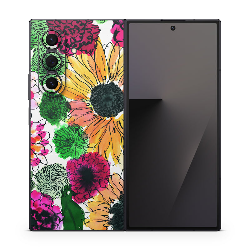 Samsung Galaxy Z Fold7 Skin design of Flower, Floral design, Plant, Gazania, african daisy, Petal, Pattern, Botany, Wildflower, Design, with red, yellow, green, pink, black colors