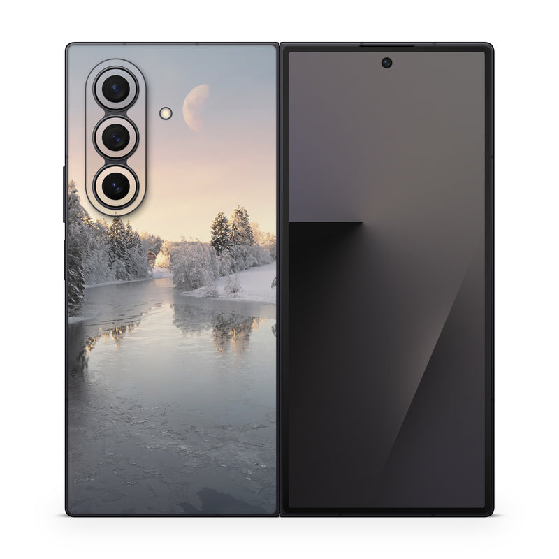 Samsung Galaxy Z Fold7 Skin design of Water, Cloud, Sky, Atmosphere, Water resources, Tree, Natural landscape, Moon, Snow, Dusk, with blue, black, yellow, orange, white colors