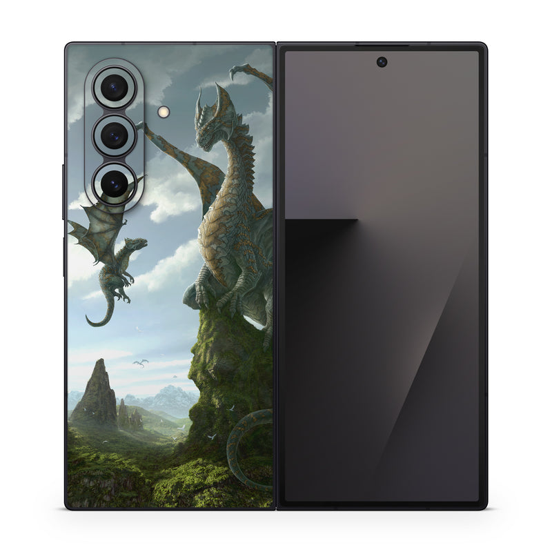 Samsung Galaxy Z Fold7 Skin design of Dragon, Cg artwork, Fictional character, Mythical creature, Mythology, Extinction, Cryptid, Illustration, Games, Massively multiplayer online role-playing game, with black, gray, blue, white, purple colors