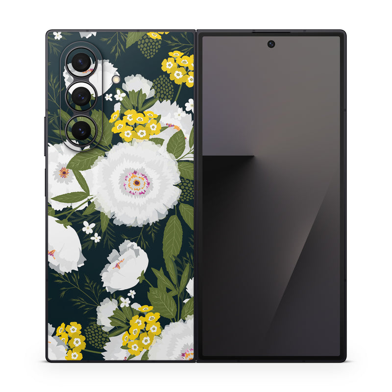 Samsung Galaxy Z Fold7 Skin design of Flower, Flowering plant, Plant, Petal, Daisy, mayweed, Wildflower, Floral design, Annual plant, with green, yellow, white, orange colors