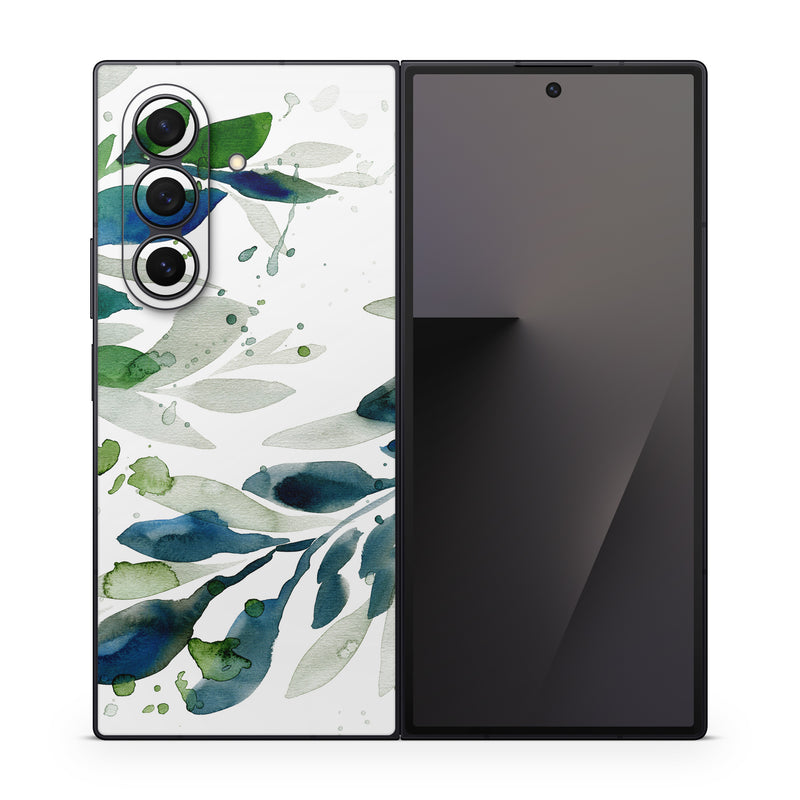 Samsung Galaxy Z Fold7 Skin design of Leaf, Branch, Plant, Tree, Botany, Flower, Design, Eucalyptus, Pattern, Watercolor paint, with white, blue, green, gray colors