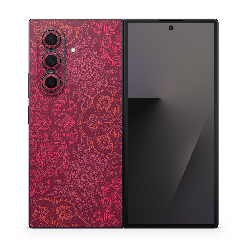 Samsung Galaxy Z Fold7 Skin design of Red, Pattern, Pink, Magenta, Purple, Maroon, Violet, Textile, Design, Wallpaper, with red, black colors