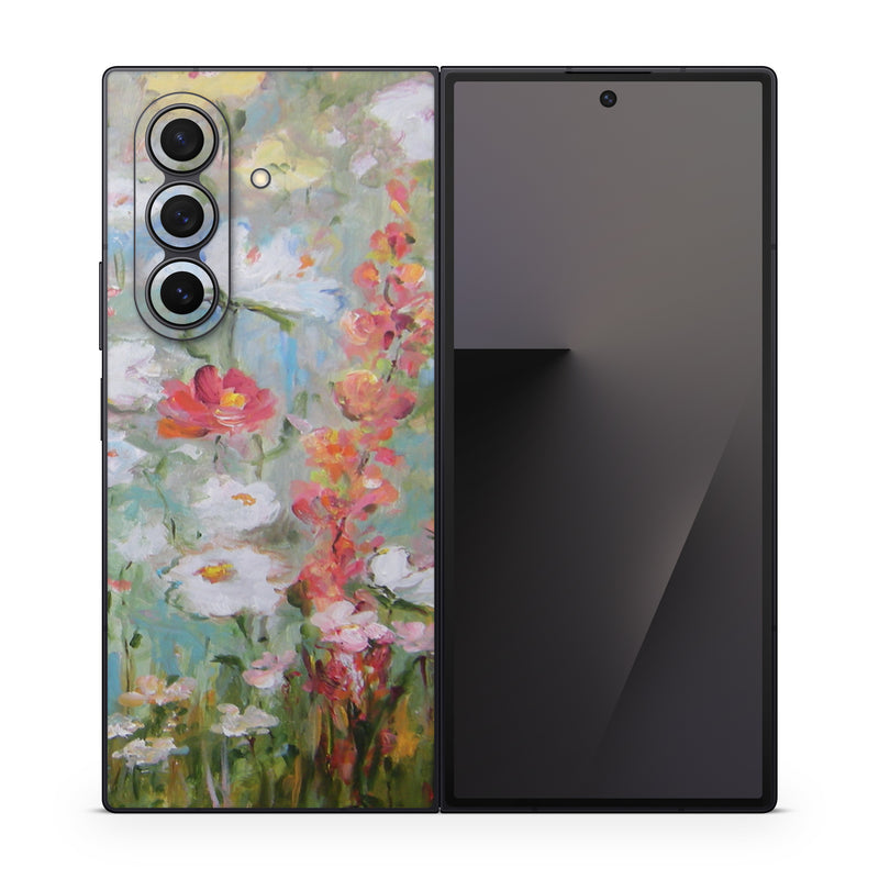 Samsung Galaxy Z Fold7 Skin design of Flower, Painting, Watercolor paint, Plant, Modern art, Wildflower, Botany, Meadow, Acrylic paint, Flowering plant, with gray, black, green, red, blue colors