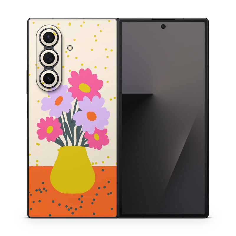 Samsung Galaxy Z Fold7 Skin design of Flower, Plant, Vase, Flowerpot, Petal, Happy, People in nature, Liquid, Font, Art, with white, orange, pink, purple, yellow colors