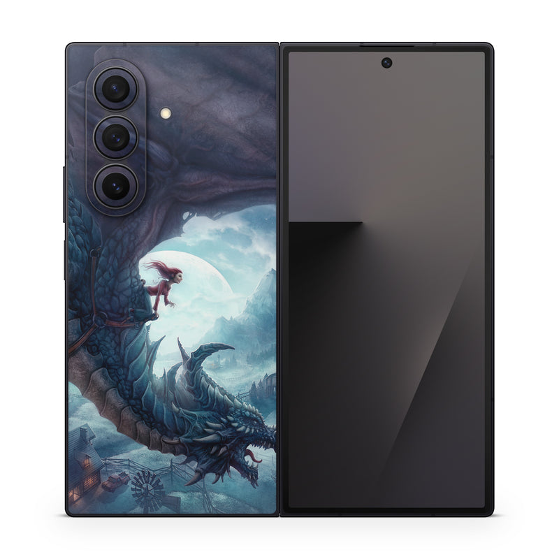 Samsung Galaxy Z Fold7 Skin design of Dragon, Cg artwork, Illustration, Action-adventure game, Fictional character, Mythical creature, Mythology, Fiction, Cryptid, Extinction, with blue, white, brown, green colors