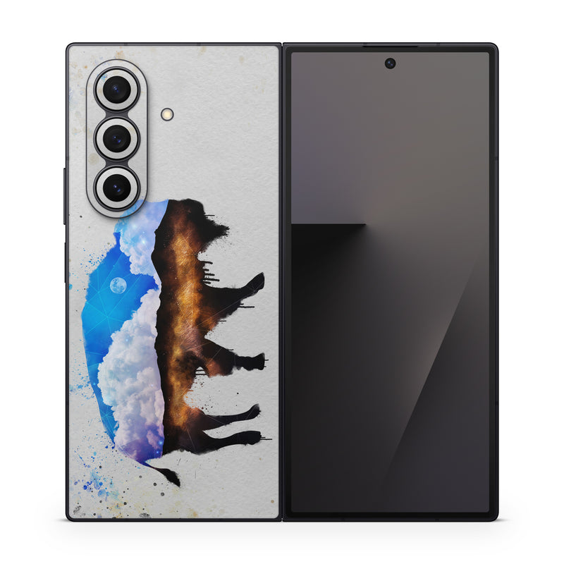 Samsung Galaxy Z Fold7 Skin design of Watercolor paint, Illustration, Art, Water, Painting, Sky, Paint, Acrylic paint, Drawing, Visual arts, with gray, blue, white, black, yellow, orange colors