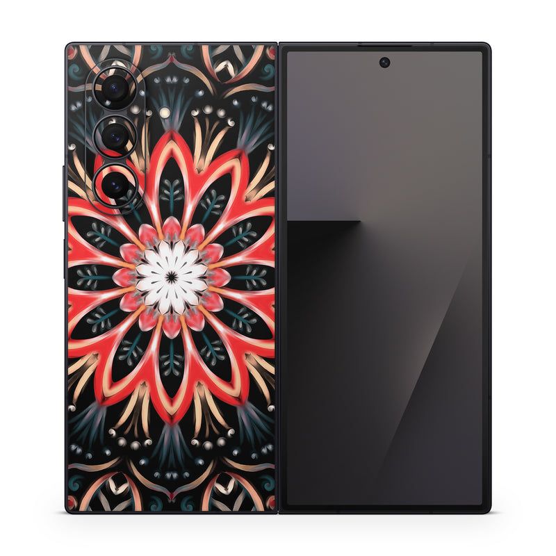 Samsung Galaxy Z Fold7 Skin design of Pattern, Psychedelic art, Symmetry, Design, Art, Visual arts, Textile, Kaleidoscope, Fractal art, Ornament, with black, red, white, blue, yellow, orange colors