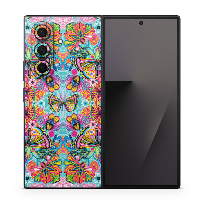 Samsung Galaxy Z Fold7 Skin design of Pattern, Design, Textile, Psychedelic art, Visual arts, Symmetry, Art, Motif, with blue, pink, green, yellow, orange, purple colors