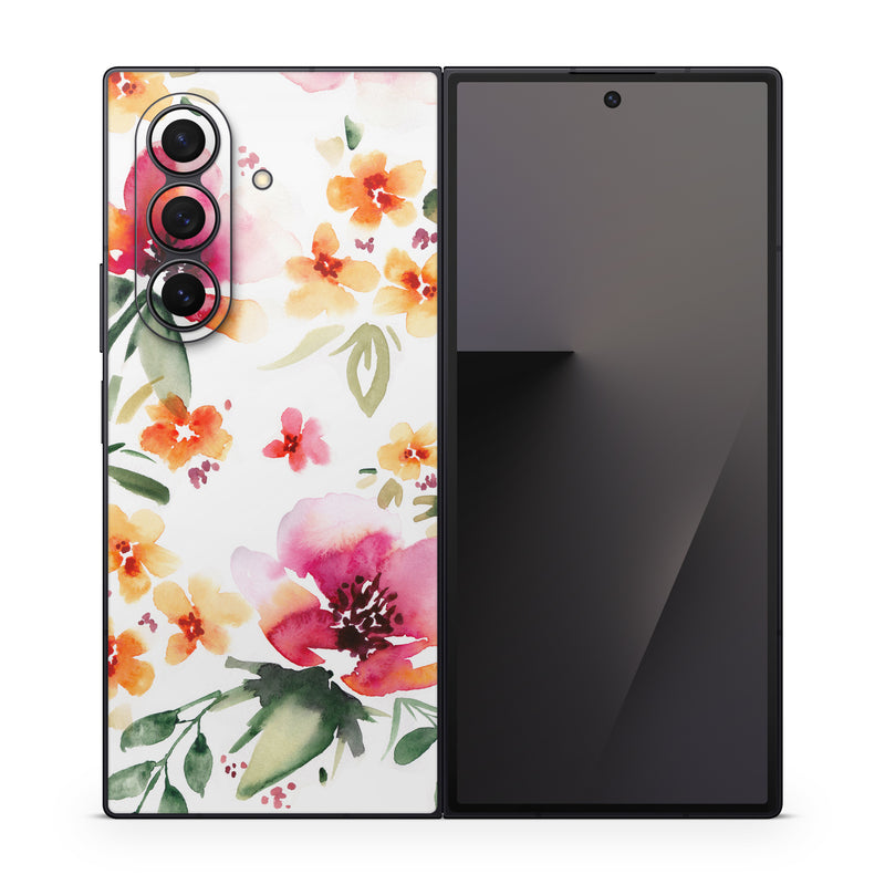Samsung Galaxy Z Fold7 Skin design of Flower, Floral design, Pink, Pattern, Petal, Plant, Botany, Design, Wildflower, Clip art, with white, pink, red, orange, green colors