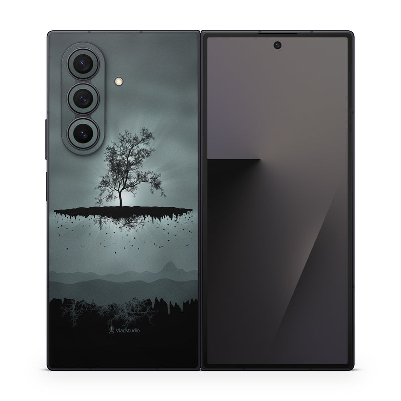 Samsung Galaxy Z Fold7 Skin design of Reflection, Sky, Nature, Water, Black, Tree, Black-and-white, Monochrome photography, Natural landscape, Atmospheric phenomenon, with black, gray, blue colors