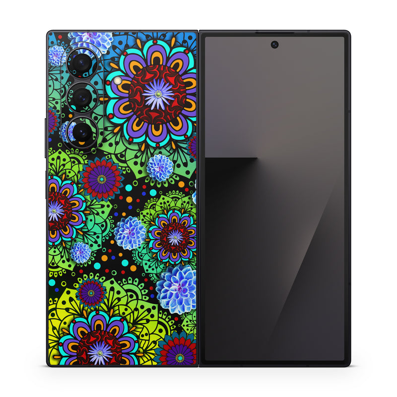 Samsung Galaxy Z Fold7 Skin design of Pattern, Psychedelic art, Design, Flower, Art, Visual arts, Floral design, Plant, Textile, Symmetry, with black, blue, green, purple colors