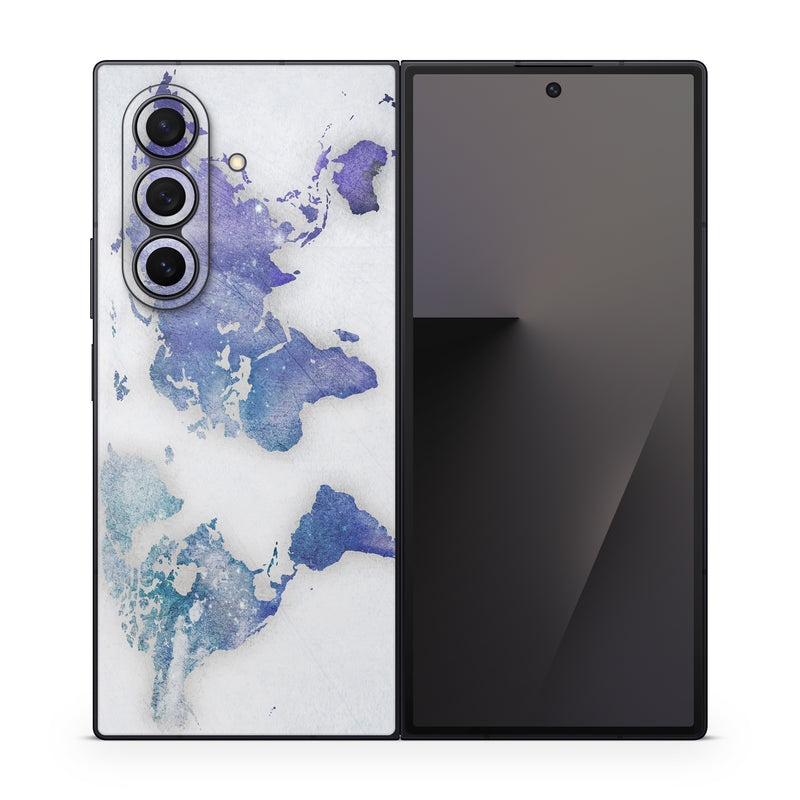 Samsung Galaxy Z Fold7 Skin design of World, Map, Watercolor paint, Illustration, with white, blue, purple colors