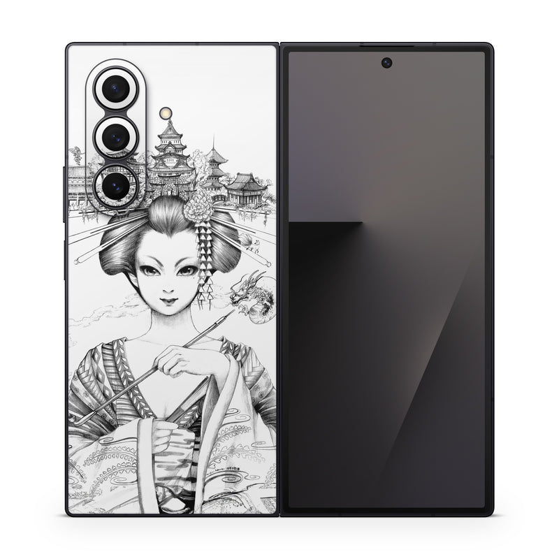 Samsung Galaxy Z Fold7 Skin design of Illustration, Head, Hairstyle, Line art, Art, Fashion illustration, Drawing, Coloring book, Black-and-white, Clip art, with black, white, gray colors