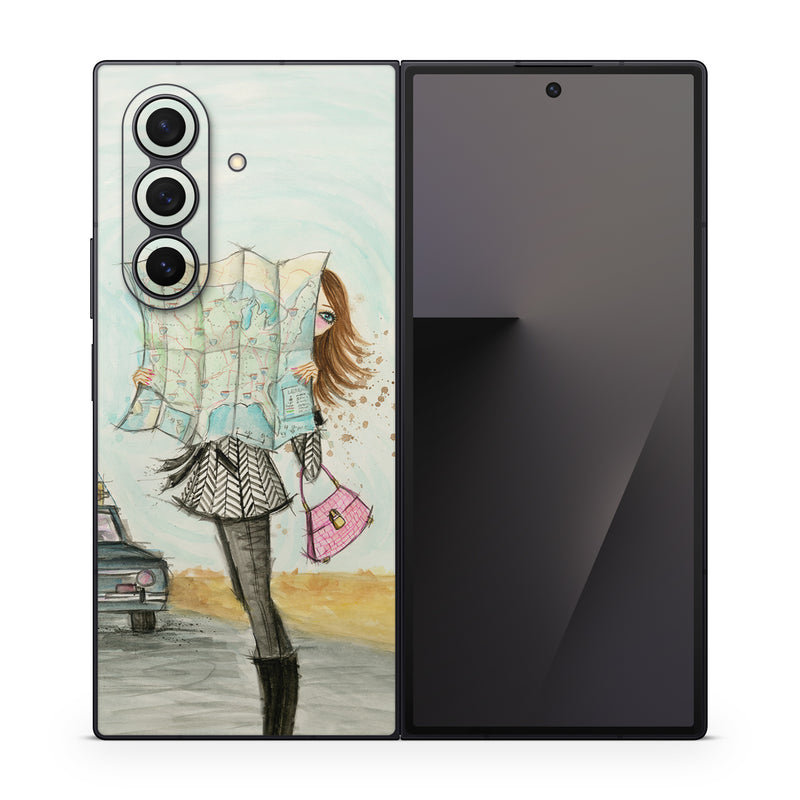 Samsung Galaxy Z Fold7 Skin design of Fashion illustration, Sketch, Watercolor paint, Illustration, Drawing, Art, Footwear, Vehicle, Painting, Fashion design, with blue, black, gray, white, pink, brown, green, orange, yellow colors