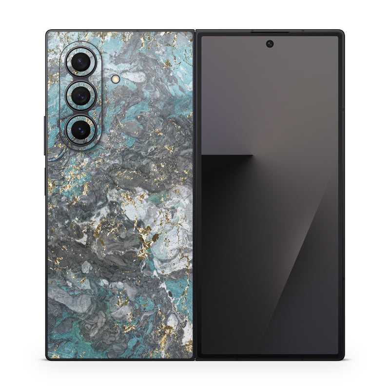Samsung Galaxy Z Fold7 Skin design of Blue, Turquoise, Green, Aqua, Teal, Geology, Rock, Painting, Pattern, with black, white, gray, green, blue colors