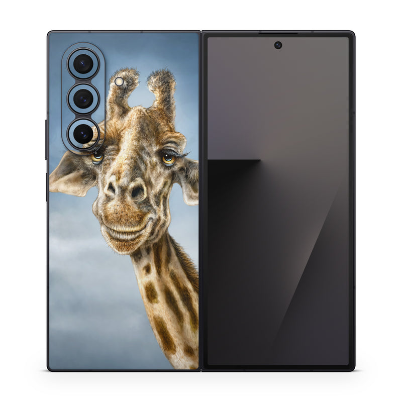 Samsung Galaxy Z Fold7 Skin design of Giraffe, Giraffidae, Terrestrial animal, Wildlife, Head, Snout, Organism, Adaptation, Close-up, Neck, with gray, black, blue, green colors