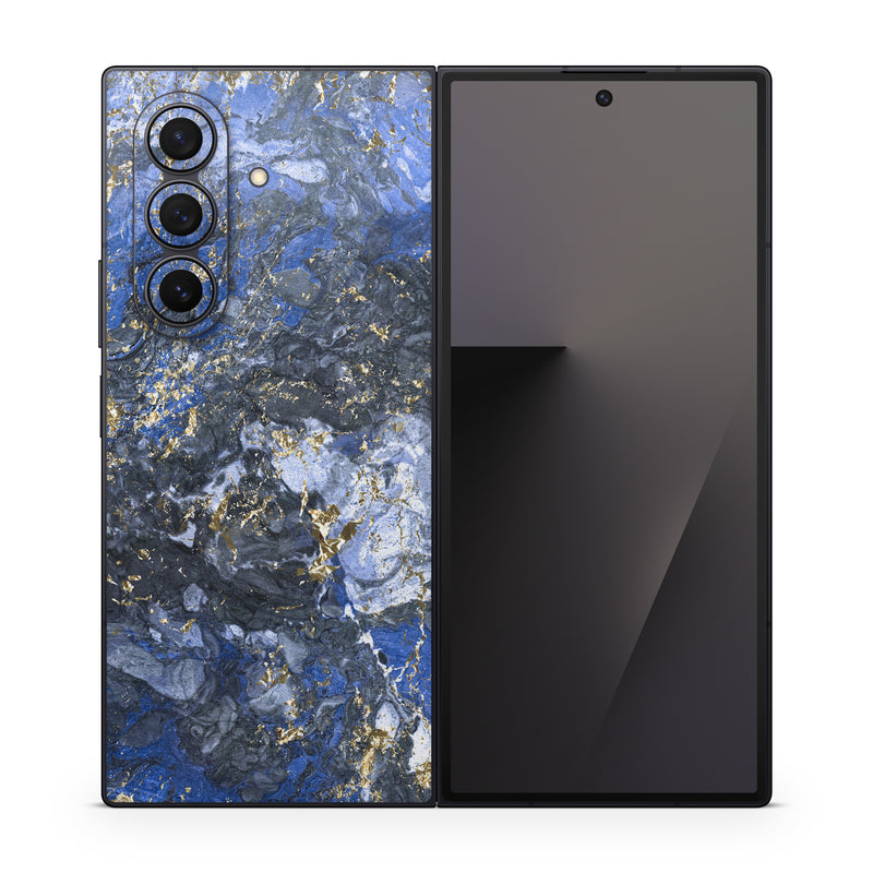 Samsung Galaxy Z Fold7 Skin design of Blue, Water, Cobalt blue, Rock, Painting, Geology, Electric blue, Mineral, Pattern, Acrylic paint, with black, blue, yellow, white, gray colors