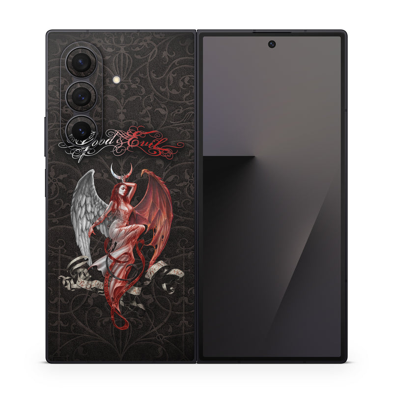Samsung Galaxy Z Fold7 Skin design of Illustration, Fictional character, Graphic design, Supernatural creature, Demon, Cg artwork, Art, Mythology, Angel, Wing, with black, white, red colors
