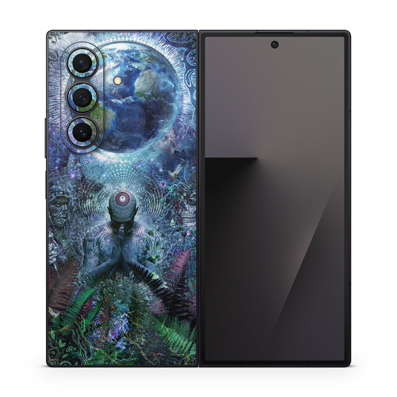 Samsung Galaxy Z Fold7 Skin design of Psychedelic art, Fractal art, Art, Space, Organism, Earth, Sphere, Graphic design, Circle, Graphics, with blue, green, gray, purple, pink, black, white colors