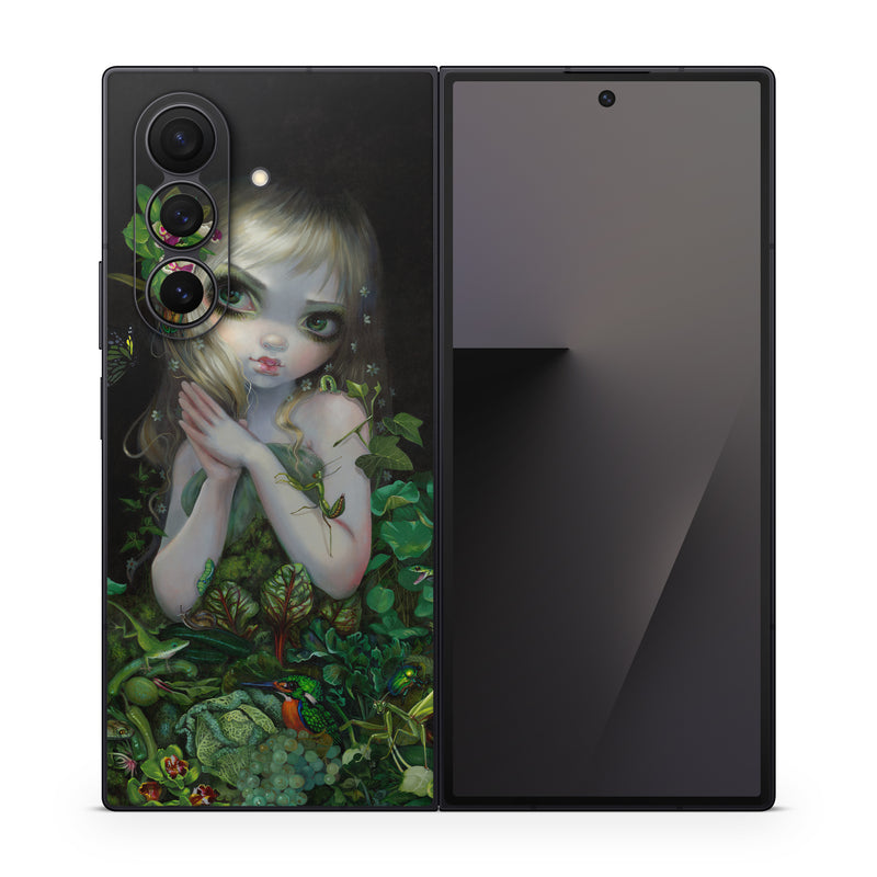 Samsung Galaxy Z Fold7 Skin design of Green, Doll, Fictional character, Lip, Plant, Supervillain, Flower, Illustration, Ivy, Fawn, with black, white, green, red colors