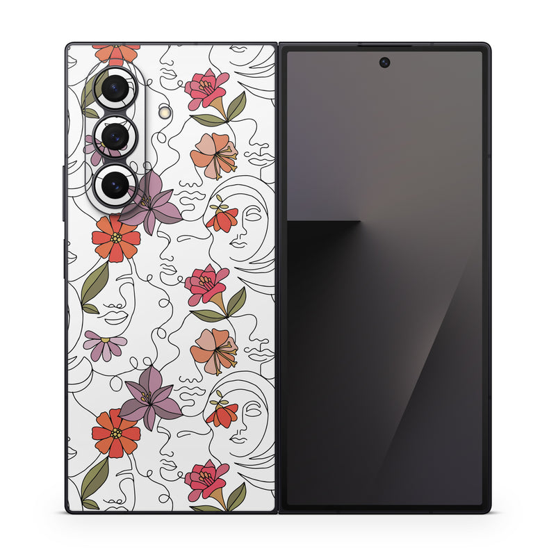 Samsung Galaxy Z Fold7 Skin design of Flower, Plant, White, Product, Petal, Branch, Rectangle, Botany, Textile, Creative arts, with white, red, purple, green, orange colors