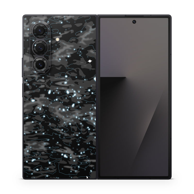 Samsung Galaxy Z Fold7 Skin design of Black, Water, Space, Black-and-white, Granite, with blue, white, gray, blue colors