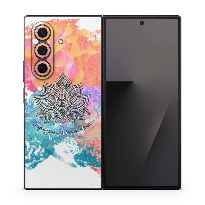 Samsung Galaxy Z Fold7 Skin design of Pink, Leaf, Pattern, Design, Graphic design, Illustration, Symmetry, Visual arts, Art, Plant, with orange, yellow, red, blue, green, black colors