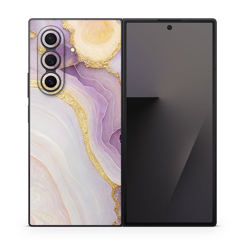 Samsung Galaxy Z Fold7 Skin design of Purple, Dishware, Violet, Art, Pattern, Serveware, Painting, Metal, Circle, Ceiling, with purple, white, yellow, orange colors