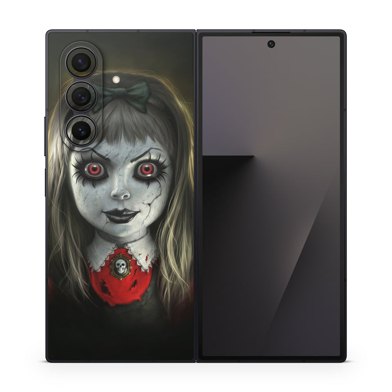 Samsung Galaxy Z Fold7 Skin design of Fiction, Illustration, Fictional character, Ghost, Darkness, Vampire, Goth subculture, Zombie, Art, Skull, with white, red, black, yellow colors