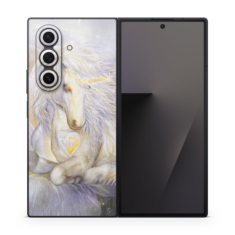 Samsung Galaxy Z Fold7 Skin design of Fictional character, Mythical creature, Unicorn, Sky, Mythology, Supernatural creature, Illustration, with gray, black, green, pink, blue colors