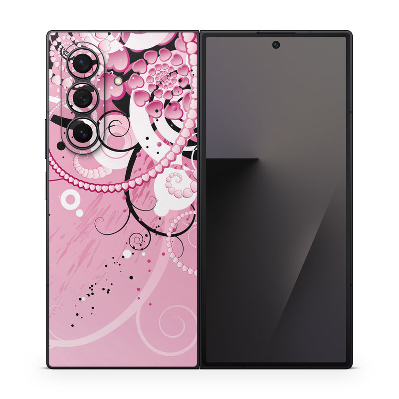 Samsung Galaxy Z Fold7 Skin design of Pink, Floral design, Graphic design, Text, Design, Flower Arranging, Pattern, Illustration, Flower, Floristry, with pink, gray, black, white, purple, red colors